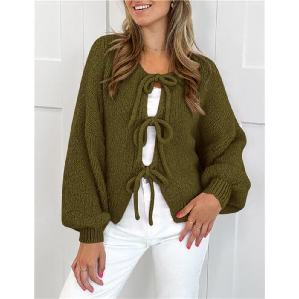 NEW Women's Tie Front Bow Cardigan Sweaters Chunky Knit Long Puff Sleeve Trendy - Picture 3 of 6